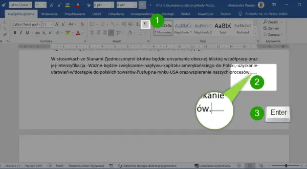 Zrzut ekranu z programu Microsoft Word pokazujący pustą stronę z zaznaczonymi elementami interfejsu.
