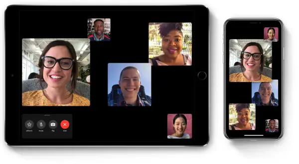 Uśmiechnięci ludzie na ekranach tabletu i telefonu podczas rozmowy **Facetime**. Widać kilka okienek z uczestnikami.