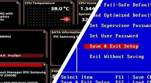 Ekran BIOS-u z temperaturą CPU 38°C i opcjami zapisu ustawień.