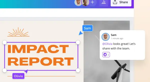 Interfejs programu do prezentacji z komentarzem "Sam: @Olivia looks great! Let's share with the team." i widocznym tytułem "IMPACT REPORT".