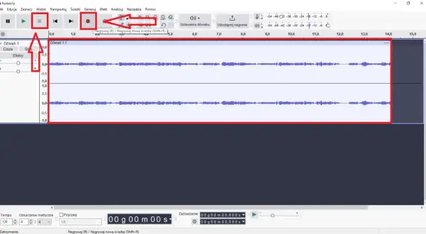 Audacity po polsku: przyciski nagrywania, pauzy i stopu, dwie ścieżki dźwiękowe z falami.