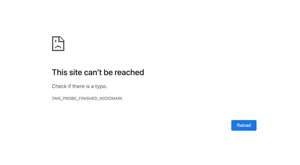 Błąd połączenia: "This site can't be reached". Sprawdź pisownię adresu. Komunikat DNS_PROBE_FINISHED_NXDOMAIN.