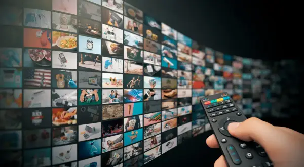 Dłoń trzymająca pilot do telewizora, wybierająca treści z ekranu z wieloma oknami, sugerującymi interaktywne funkcje HbbTV.