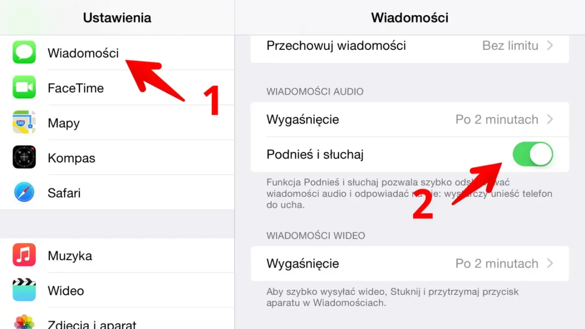Ustawienia Wiadomości: włącz funkcję "Podnieś i słuchaj", aby szybko odsłuchać pocztę głosową.