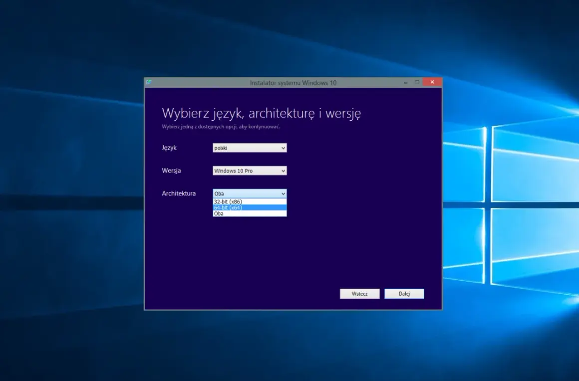 Instalator Windows 10 pozwala wybrać język polski, wersję Pro i architekturę 64-bit. To narzędzie do tworzenia nośników instalacyjnych.