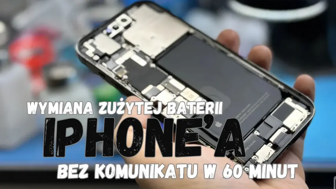 Wymiana baterii iPhone 13 w 60 minut. Widać wnętrze telefonu z nową baterią.