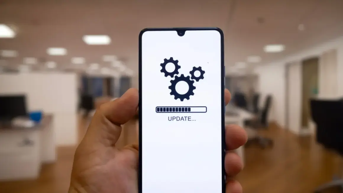 Telefon z ikoną aktualizacji i paskiem postępu. Może to być aktualizacja systemu **Android 16**.
