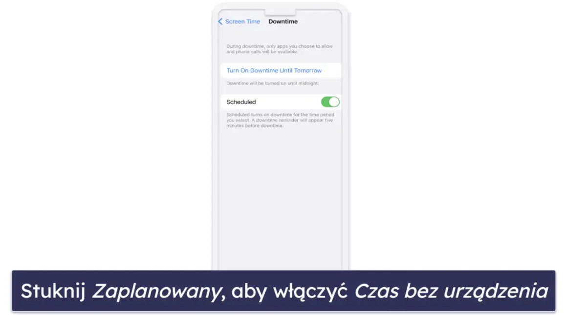 Ustaw kontrolę rodzicielską iPhone: włącz "Zaplanowany" czas bez urządzenia, by ograniczyć dostęp do aplikacji.