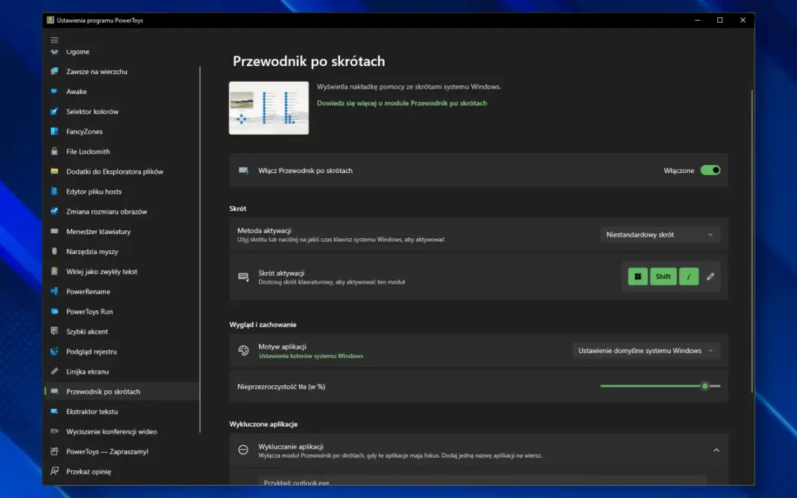 Ustawienia programu PowerToys: moduł Przewodnik po skrótach pozwala na wyświetlanie podpowiedzi ze skrótami klawiszowymi systemu Windows.