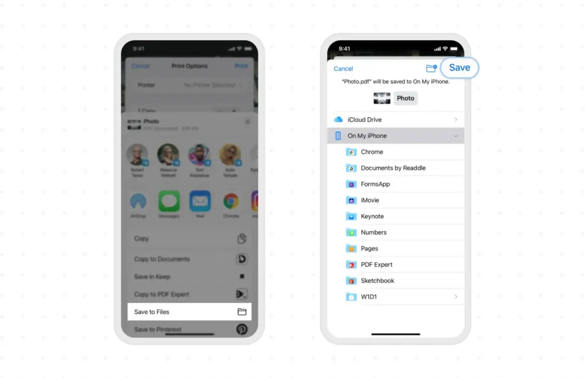 Jak zrobic skan iPhonem? Wybierz "Zachowaj w plikach", aby zapisać zeskanowany dokument.