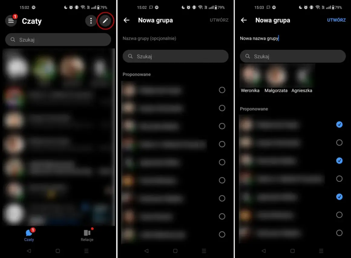 Ekran telefonu pokazuje, jak utworzyć grupę na Messengerze. Widzimy opcję "Nowa grupa", pole do wpisania nazwy i listę kontaktów do wyboru.