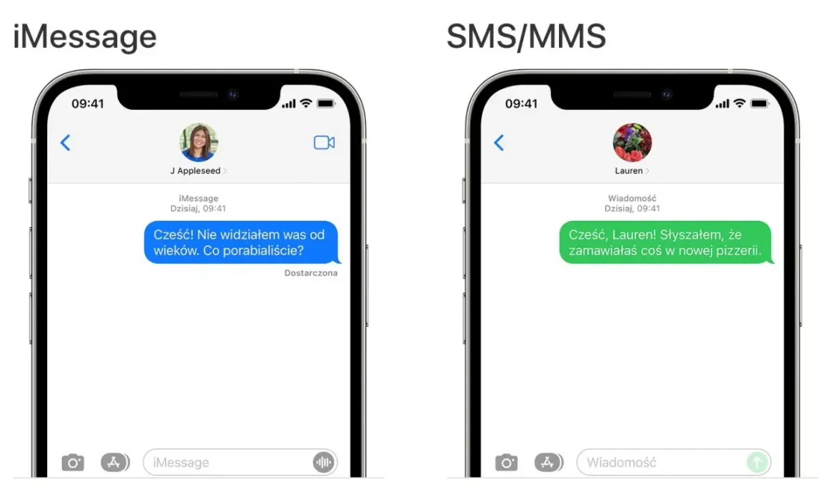 Dwa ekrany iPhone'a: po lewej iMessage z niebieską chmurką, po prawej SMS/MMS z zieloną.