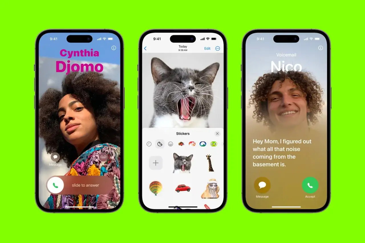 Nowe funkcje w iOS 17: personalizowane plakaty kontaktów, naklejki z kotem i zabawna wiadomość głosowa.