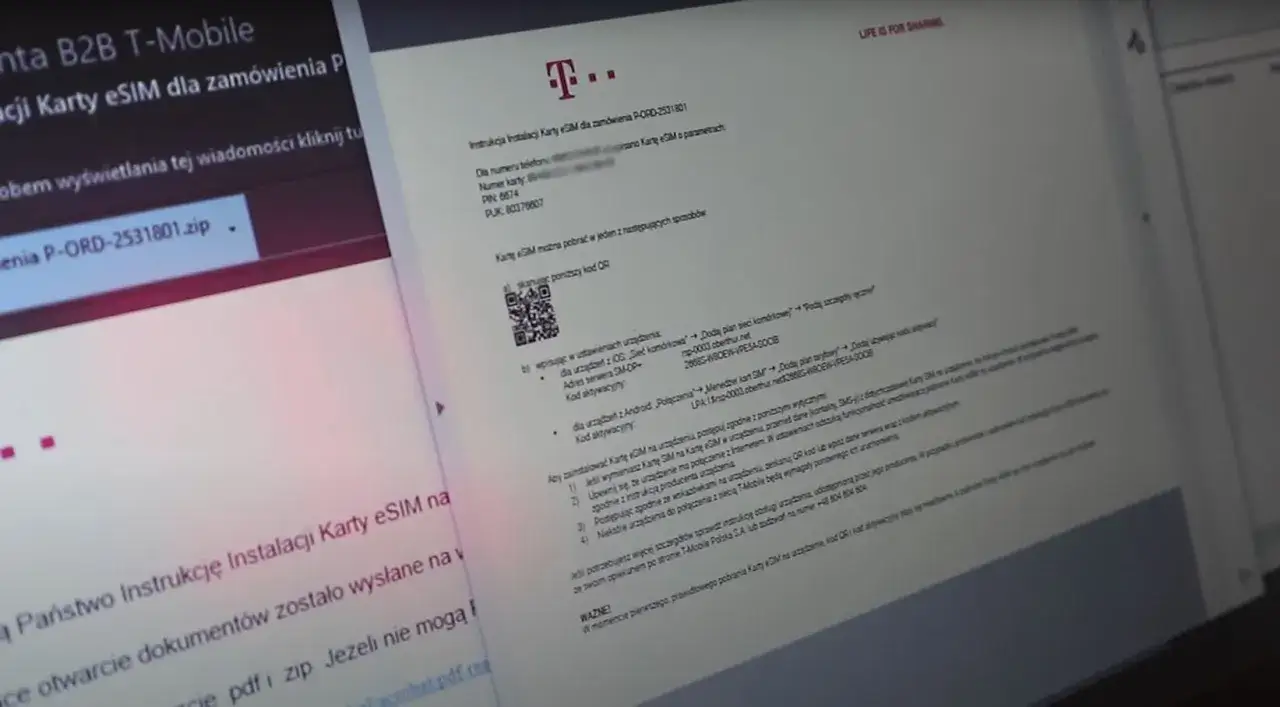 Instrukcja instalacji karty eSIM T-Mobile. Skanuj kod QR lub wpisz dane serwera w ustawieniach urządzenia.
