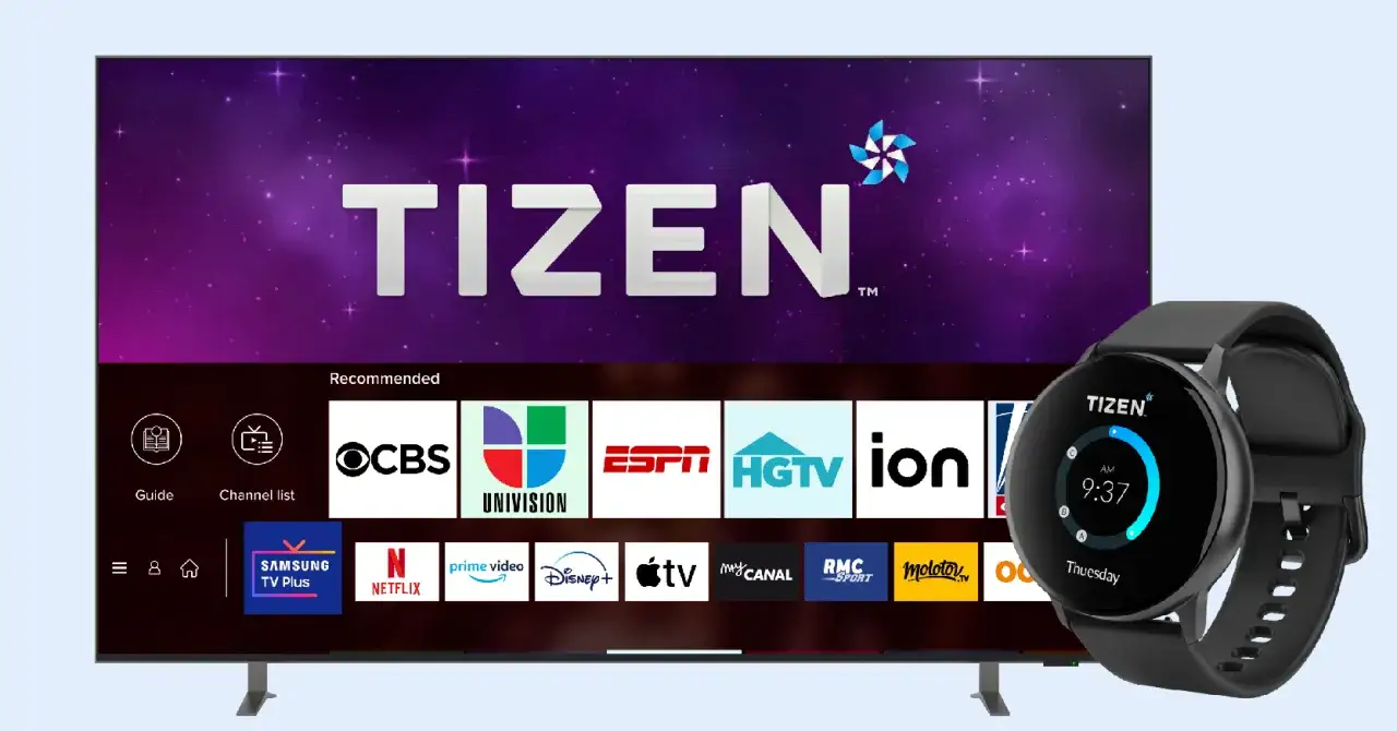 Telewizor z logo Tizen i ekranem głównym, obok czarny smartwatch z tarczą Tizen.