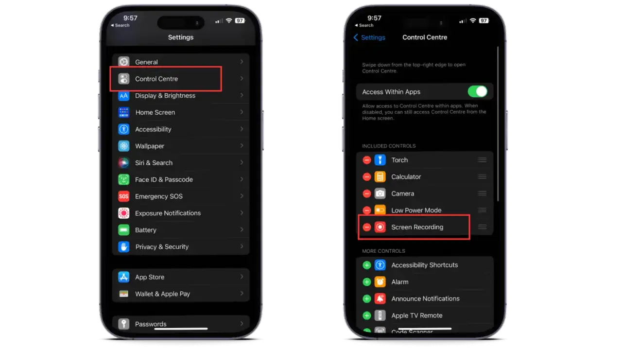 Ustawienia iPhone'a: Centrum sterowania, opcja nagrywanie ekranu iPhone.