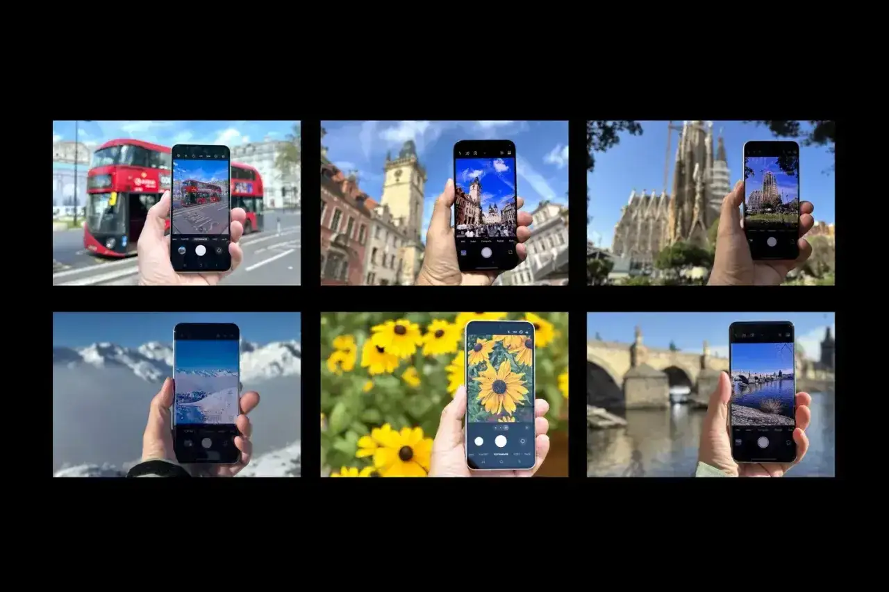 Sześć zdjęć z telefonów pokazujących różne krajobrazy: Londyn, Pragę, Barcelonę, góry, słoneczniki i most. Jaki telefon ma najlepszy aparat?