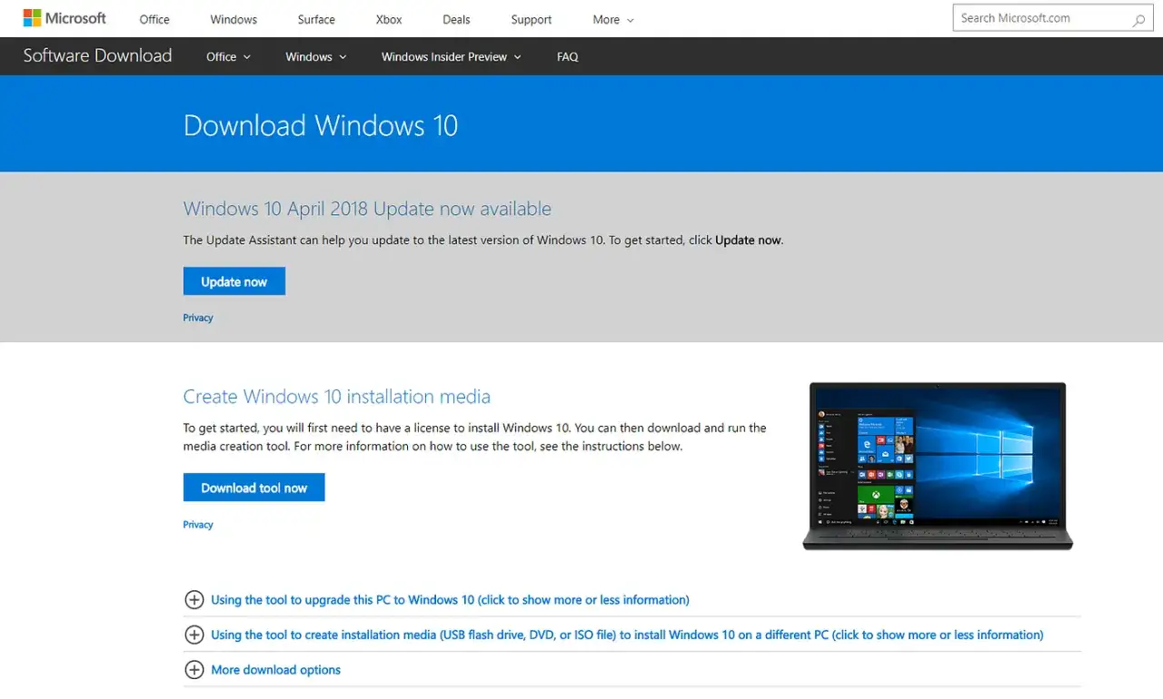 Narzędzie do tworzenia nośników instalacyjnych Windows 10. Pobierz i uruchom narzędzie, aby zainstalować system.