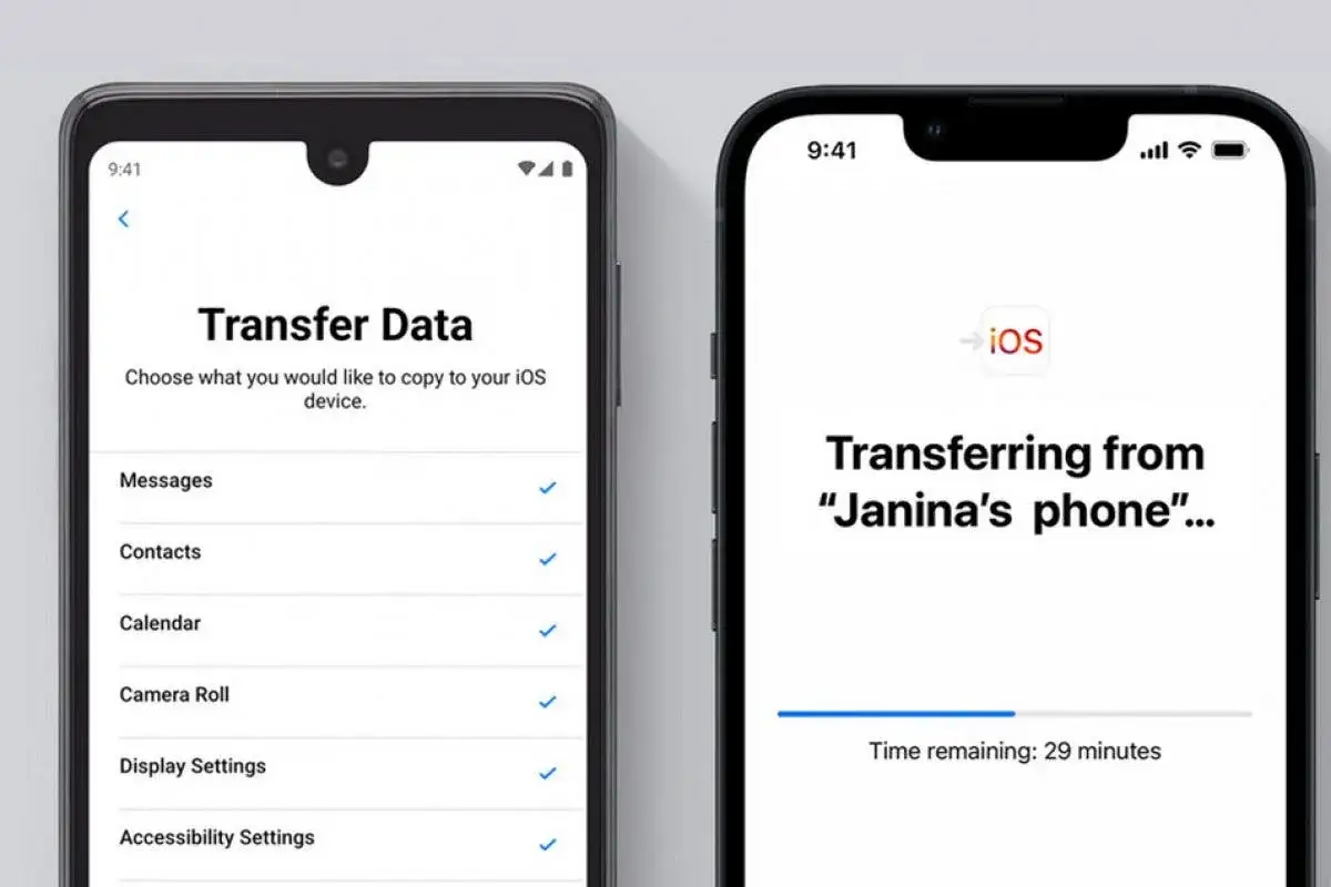 Jak przenieść dane z Androida na iPhone: ekran wyboru danych do skopiowania i postęp transferu z telefonu 