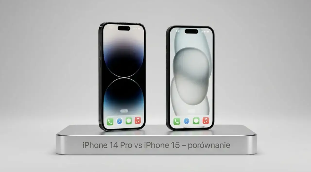 Dwa iPhone'y na srebrnej podstawce: iPhone 14 Pro z ciemnym ekranem i iPhone 15 z jasnym. Porównanie modeli.