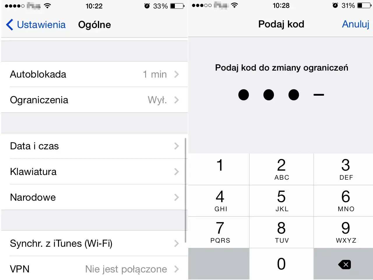 Ekran iPhone'a z ustawieniami ogólnymi, gdzie można skonfigurować kontrolę rodzicielską. Widoczna jest opcja 