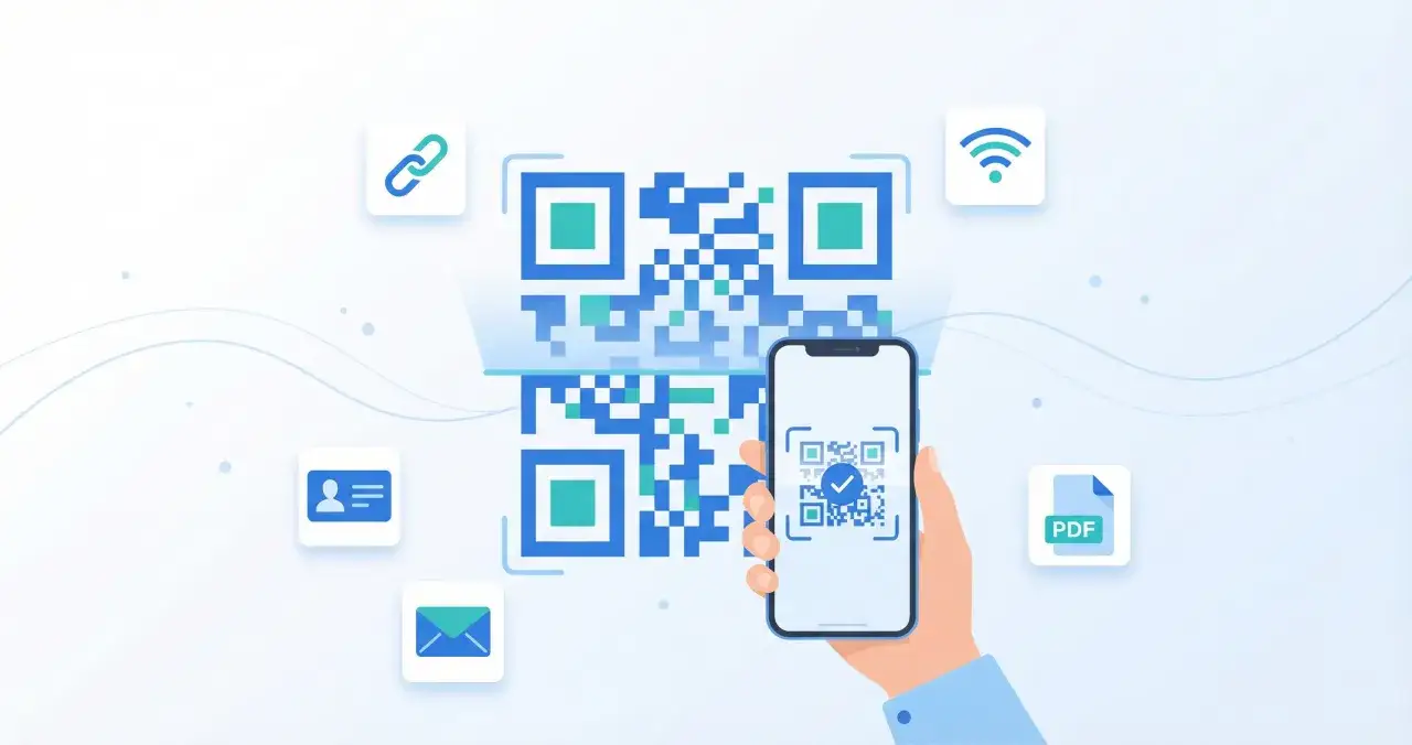 Skanowanie kodu QR telefonem to prosty sposób, by dowiedzieć się, jak wygenerować kod QR. Ikony symbolizują link, Wi-Fi, kontakt, mail i PDF.