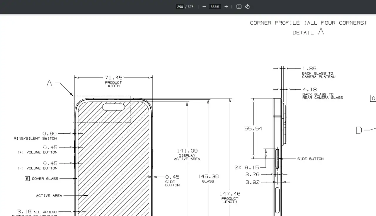 Szczegółowy rysunek techniczny przedstawiający iphone 15 wymiary: szerokość 71.45 mm, długość 147.46 mm, grubość 55.54 mm.