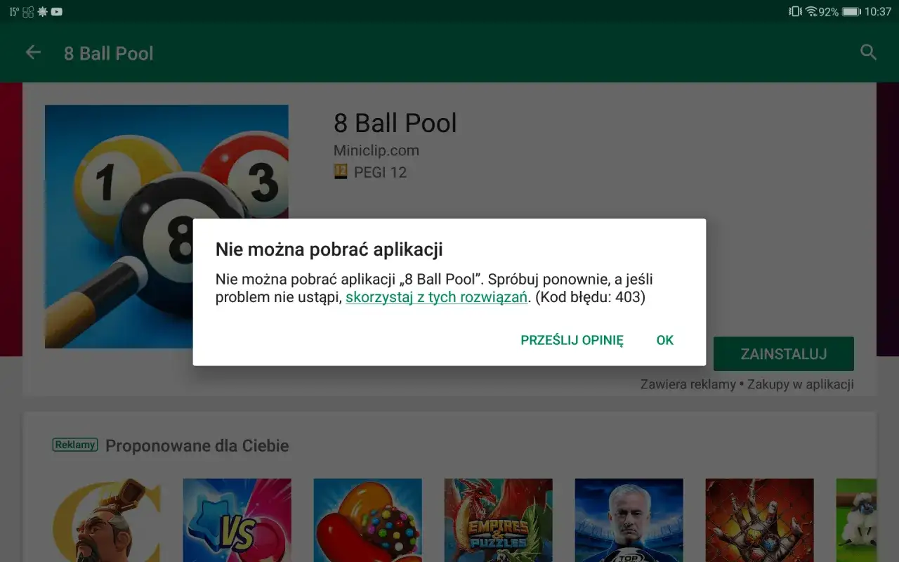Błąd podczas próby instalacji gry 8 Ball Pool. Sprawdź, jak zainstalować Sklep Play, jeśli problem nie ustąpi.