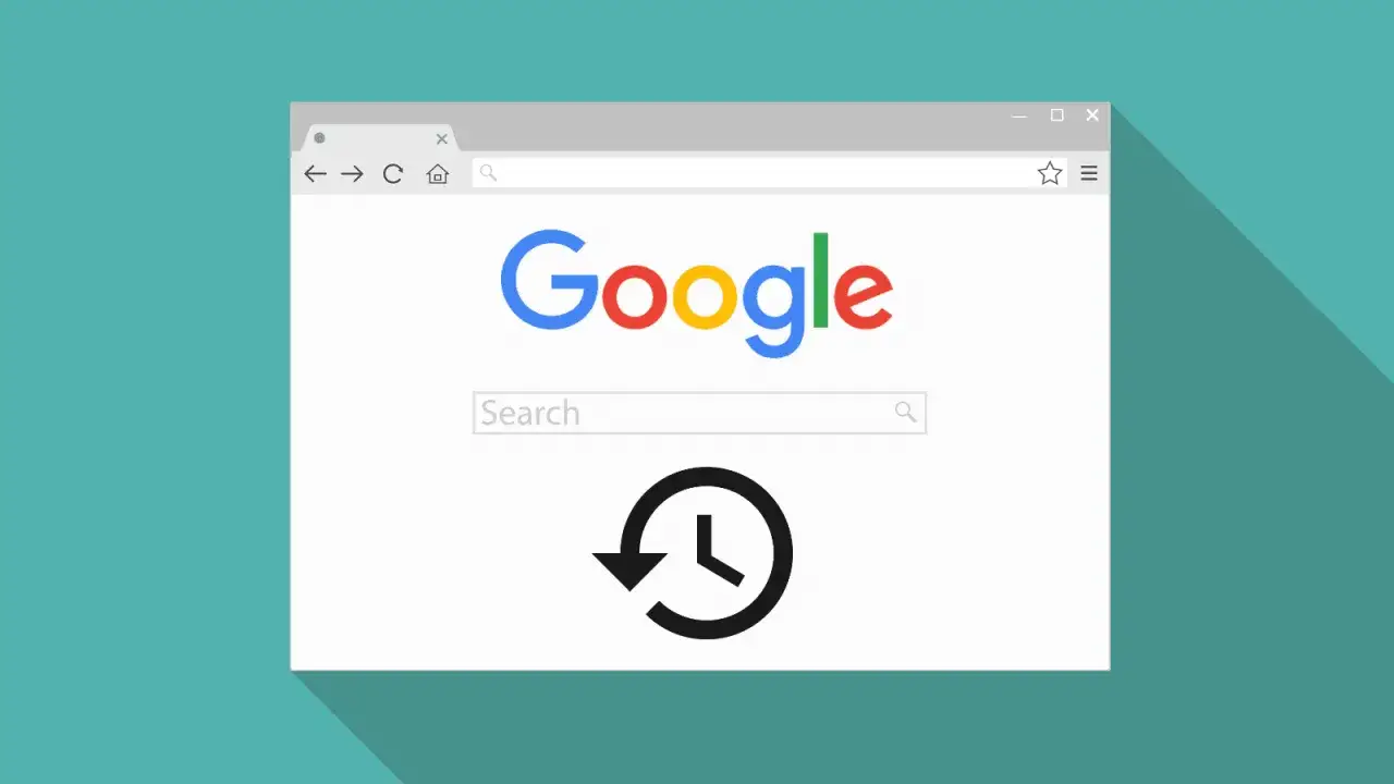 Ikona zegara symbolizuje historię wyszukiwania Google. Widok okna przeglądarki z logo Google i polem wyszukiwania.