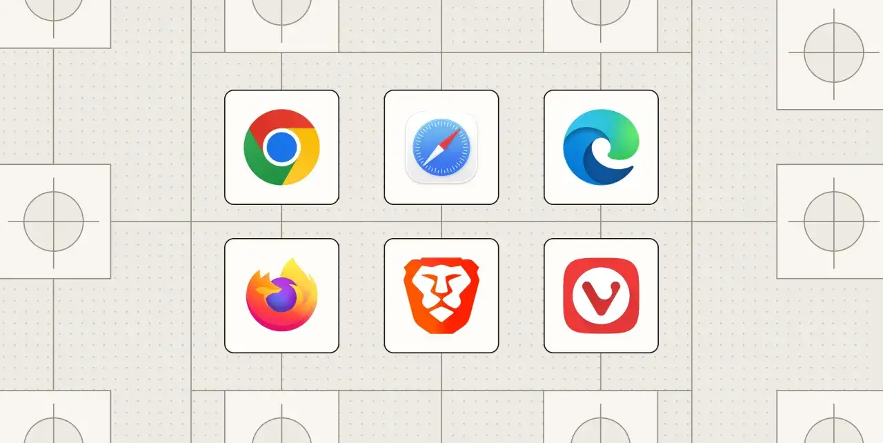 Ikony popularnych przeglądarek internetowych: Chrome, Safari, Edge, Firefox, Brave, Vivaldi.