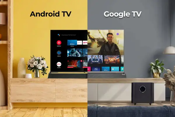 Porównanie interfejsów Android TV i Google TV. Na ekranie widać aplikacje, filmy i seriale, w tym "Top Gun: Maverick" i "Moonfall".