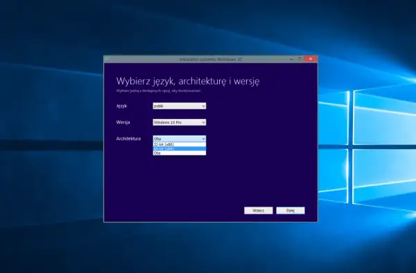Instalator Windows 10 pozwala wybrać język polski, wersję Pro i architekturę 64-bit. To narzędzie do tworzenia nośników instalacyjnych.
