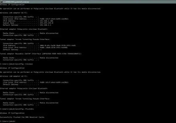 Wyniki polecenia ipconfig w wierszu poleceń Windows, pokazujące informacje o konfiguracji sieci.
