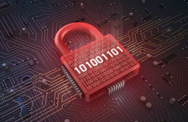 Czerwona kłódka z kodem binarnym na tle obwodów drukowanych symbolizuje bezpieczeństwo cyfrowe i działanie firewall.