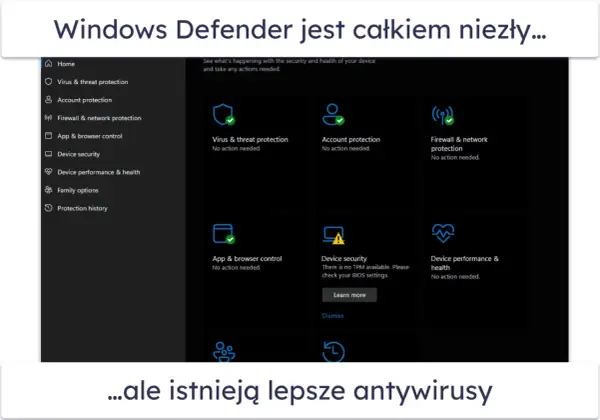 Interfejs Windows Defender pokazuje status ochrony: wirusów, kont, sieci, aplikacji i urządzenia. Wszystko działa poprawnie.