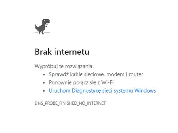 Dinozaur z gry w przeglądarce skacze, bo jest brak internetu. Wyświetlono komunikat o problemach z połączeniem i sugestie rozwiązań.