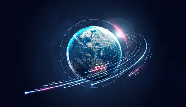 Ziemia otoczona siecią połączeń, symbolizującą globalną komunikację i przepływ danych, jak w protokole tcp.
