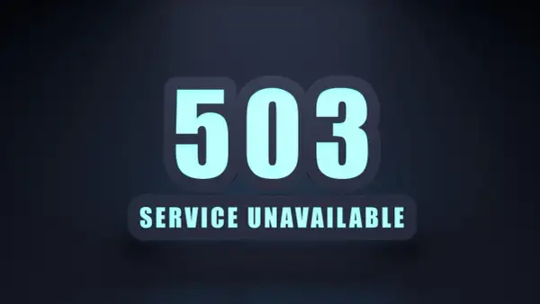 Napis "503 SERVICE UNAVAILABLE" w kolorze jasnoniebieskim na ciemnym tle.