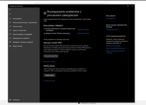 Ustawienia Zabezpieczeń Windows: rozwiązywanie problemów z procesorem zabezpieczeń, czyli modułem TPM. Komunikaty o błędach i opcje czyszczenia modułu TPM.
