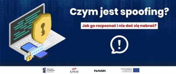 Czym jest spoofing? Grafika przedstawia laptop, telefon i tarczę z kluczem, symbolizujące bezpieczeństwo. Dowiedz się, jak rozpoznać spoofing i nie dać się nabrać.