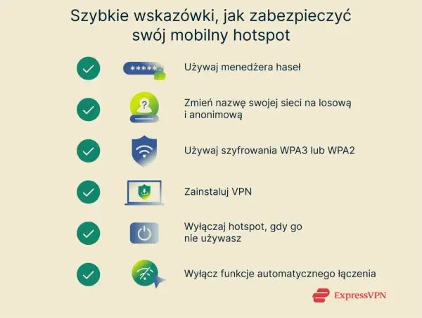 Jak zabezpieczyć hotspot? Użyj menedżera haseł, zmień nazwę sieci, szyfruj WPA3/WPA2, zainstaluj VPN, wyłączaj, gdy nieużywany.