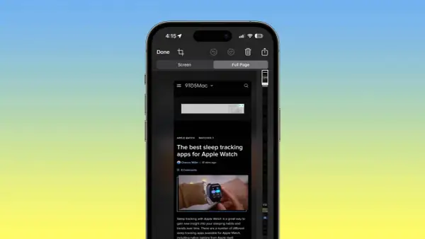 Zrzut ekranu telefonu z artykułem o najlepszych aplikacjach do śledzenia snu na Apple Watch.