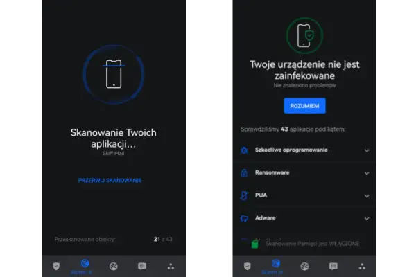 Skanowanie telefonu zakończone. Twoje urządzenie jest bezpieczne, nie znaleziono żadnych zagrożeń.