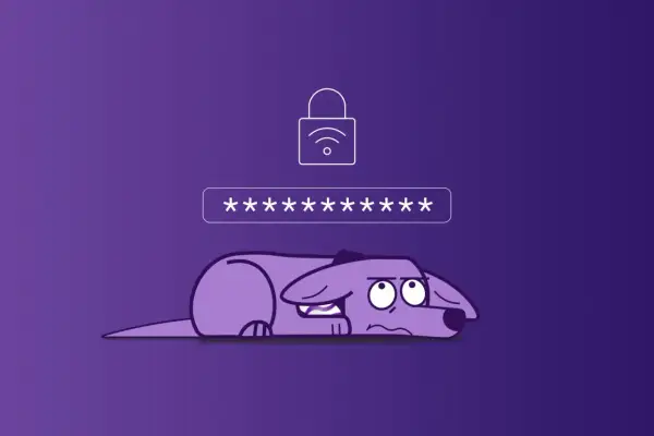 Smutny piesek pod polem z gwiazdkami, symbolizującymi hasło. Nad nim kłódka z ikoną Wi-Fi, wskazująca na klucz zabezpieczeń sieciowych.