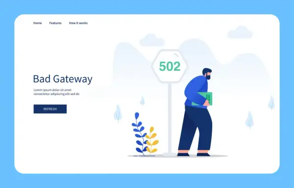 Mężczyzna z teczką mija znak "502 Bad Gateway". Strona informuje o błędzie.