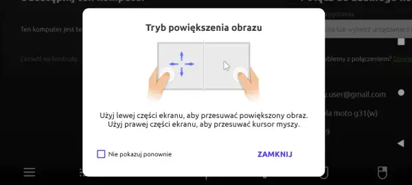 Grafika przedstawia okno dialogowe z instrukcją obsługi zdalnego pulpitu, pokazujące gesty dotykowe.