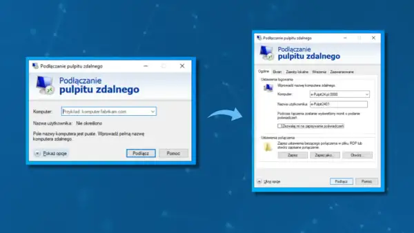 Dwa okna programu "Podłączanie pulpitu zdalnego" z różnymi polami wprowadzania danych.