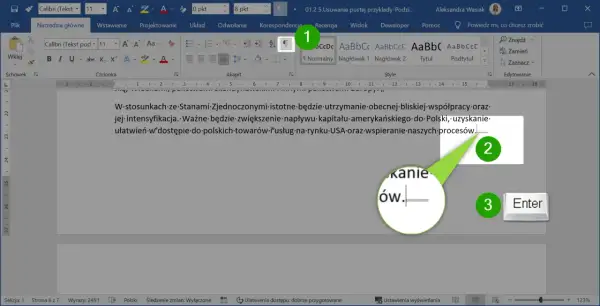 Zrzut ekranu z programu Microsoft Word pokazujący pustą stronę z zaznaczonymi elementami interfejsu.