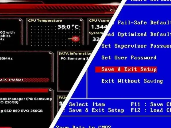 Ekran BIOS-u z temperaturą CPU 38°C i opcjami zapisu ustawień.