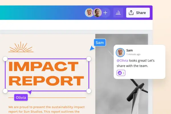 Interfejs programu do prezentacji z komentarzem "Sam: @Olivia looks great! Let's share with the team." i widocznym tytułem "IMPACT REPORT".